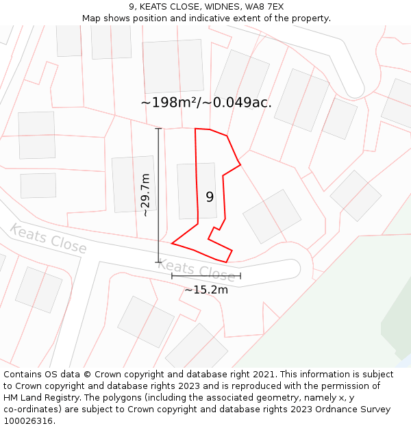 9, KEATS CLOSE, WIDNES, WA8 7EX: Plot and title map