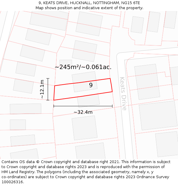 9, KEATS DRIVE, HUCKNALL, NOTTINGHAM, NG15 6TE: Plot and title map