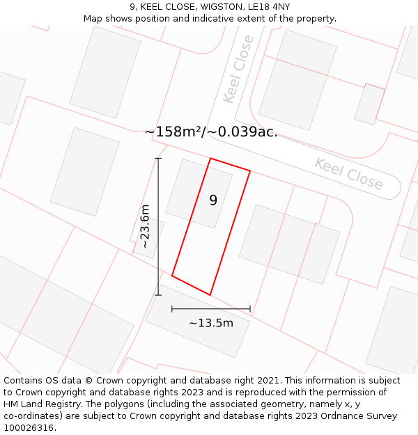 9, KEEL CLOSE, WIGSTON, LE18 4NY: Plot and title map