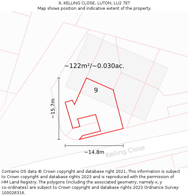9, KELLING CLOSE, LUTON, LU2 7ET: Plot and title map