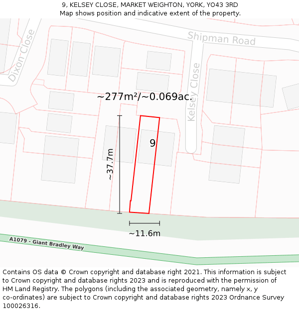 9, KELSEY CLOSE, MARKET WEIGHTON, YORK, YO43 3RD: Plot and title map