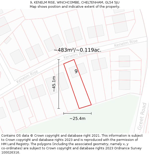 9, KENELM RISE, WINCHCOMBE, CHELTENHAM, GL54 5JU: Plot and title map