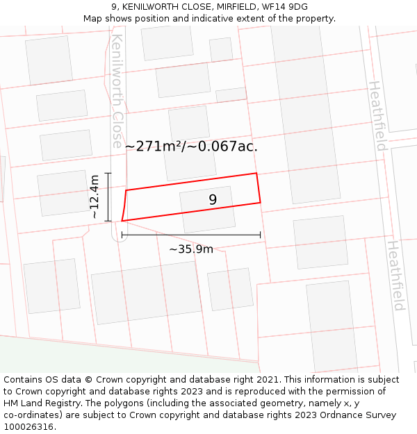 9, KENILWORTH CLOSE, MIRFIELD, WF14 9DG: Plot and title map