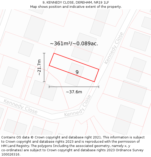 9, KENNEDY CLOSE, DEREHAM, NR19 1LF: Plot and title map