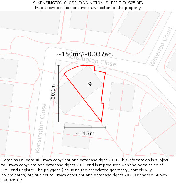 9, KENSINGTON CLOSE, DINNINGTON, SHEFFIELD, S25 3RY: Plot and title map