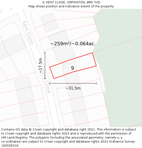 9, KENT CLOSE, ORPINGTON, BR6 7HD: Plot and title map