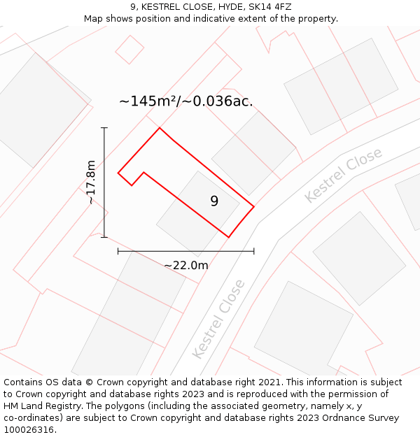 9, KESTREL CLOSE, HYDE, SK14 4FZ: Plot and title map