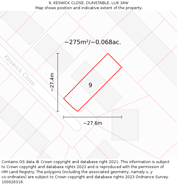 9, KESWICK CLOSE, DUNSTABLE, LU6 3AW: Plot and title map