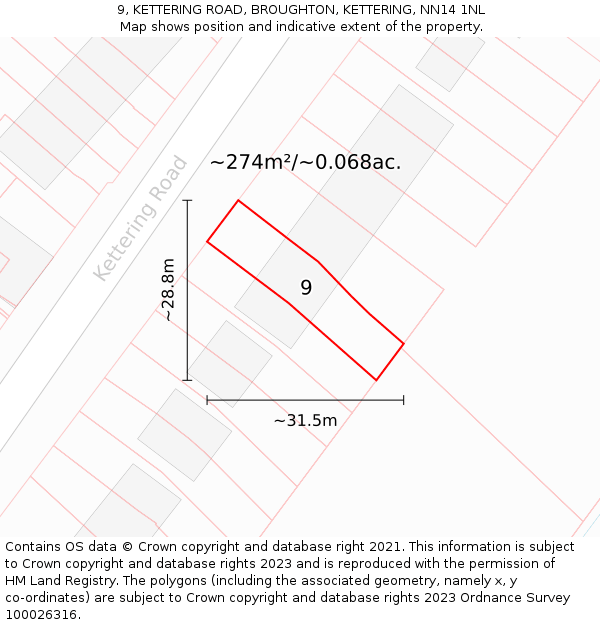 9, KETTERING ROAD, BROUGHTON, KETTERING, NN14 1NL: Plot and title map