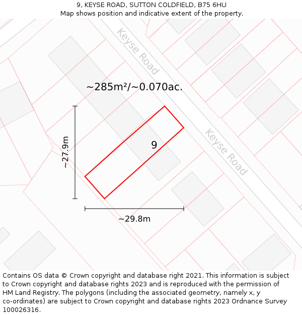 9, KEYSE ROAD, SUTTON COLDFIELD, B75 6HU: Plot and title map
