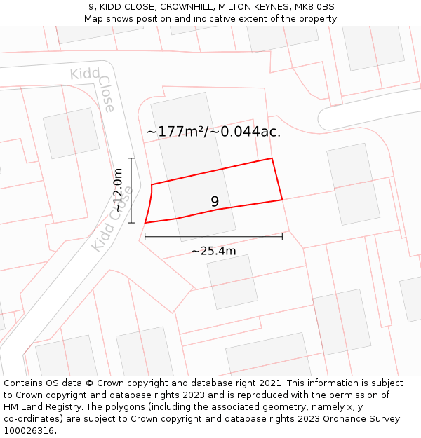 9, KIDD CLOSE, CROWNHILL, MILTON KEYNES, MK8 0BS: Plot and title map