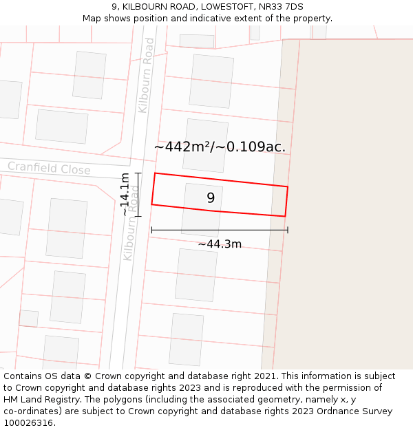9, KILBOURN ROAD, LOWESTOFT, NR33 7DS: Plot and title map