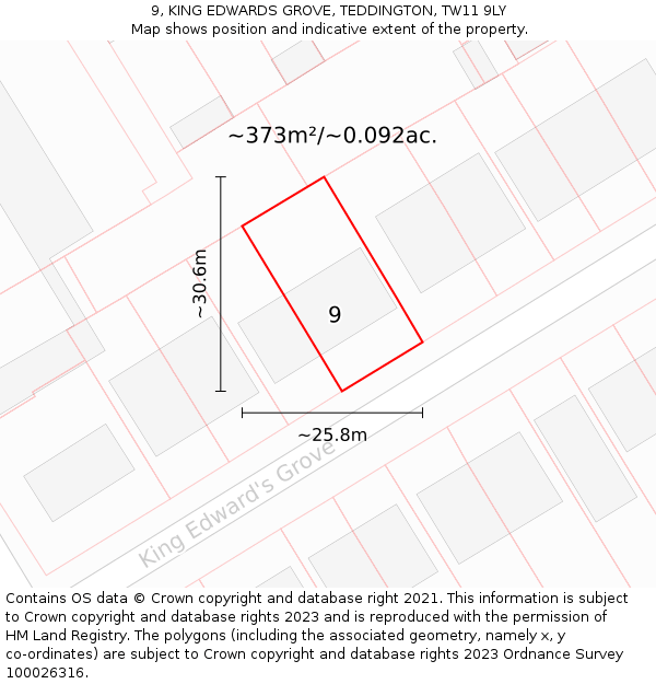 9, KING EDWARDS GROVE, TEDDINGTON, TW11 9LY: Plot and title map