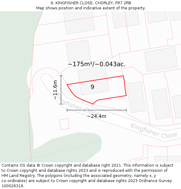 9, KINGFISHER CLOSE, CHORLEY, PR7 2RB: Plot and title map