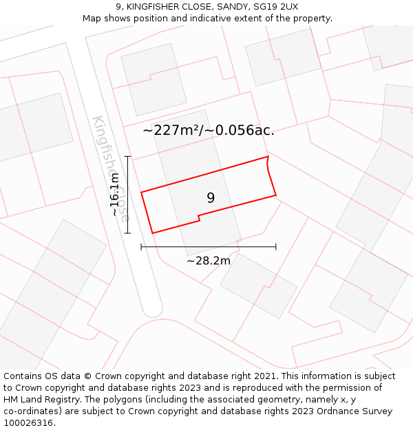 9, KINGFISHER CLOSE, SANDY, SG19 2UX: Plot and title map