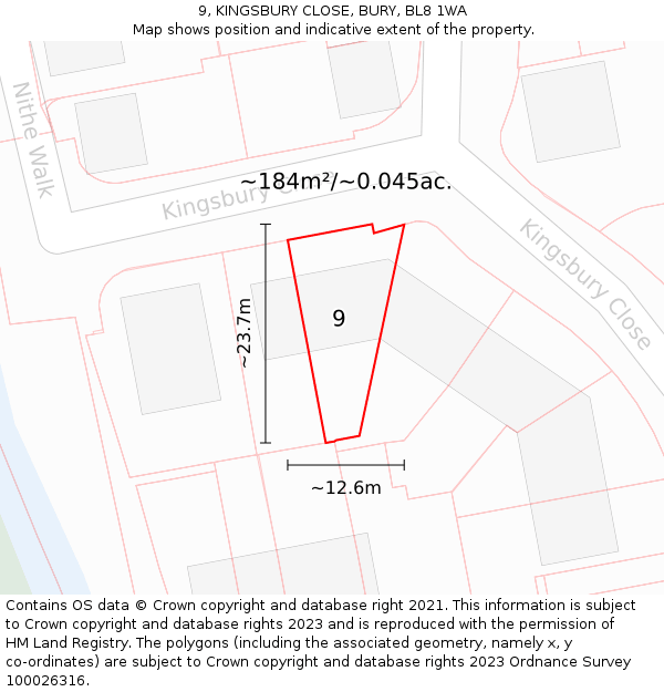 9, KINGSBURY CLOSE, BURY, BL8 1WA: Plot and title map