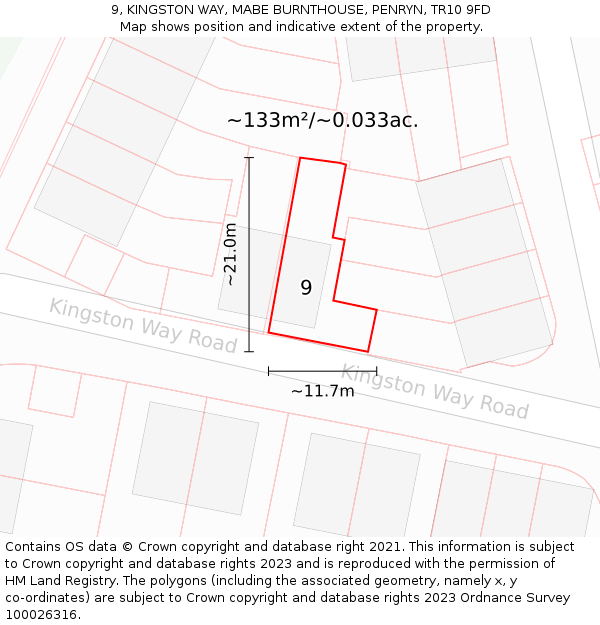 9, KINGSTON WAY, MABE BURNTHOUSE, PENRYN, TR10 9FD: Plot and title map