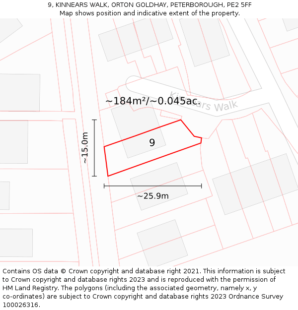 9, KINNEARS WALK, ORTON GOLDHAY, PETERBOROUGH, PE2 5FF: Plot and title map