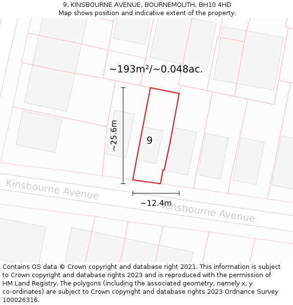 9, KINSBOURNE AVENUE, BOURNEMOUTH, BH10 4HD: Plot and title map