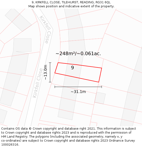 9, KIRKFELL CLOSE, TILEHURST, READING, RG31 6QL: Plot and title map