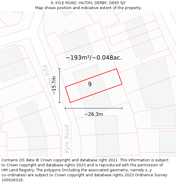 9, KYLE ROAD, HILTON, DERBY, DE65 5JY: Plot and title map
