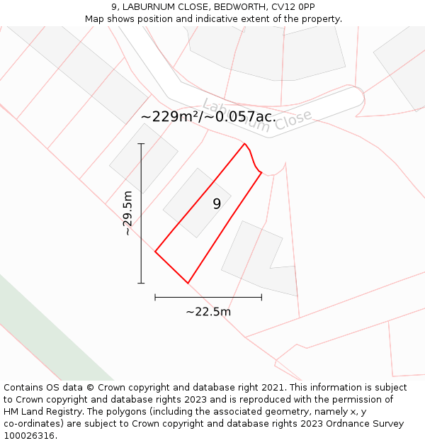 9, LABURNUM CLOSE, BEDWORTH, CV12 0PP: Plot and title map