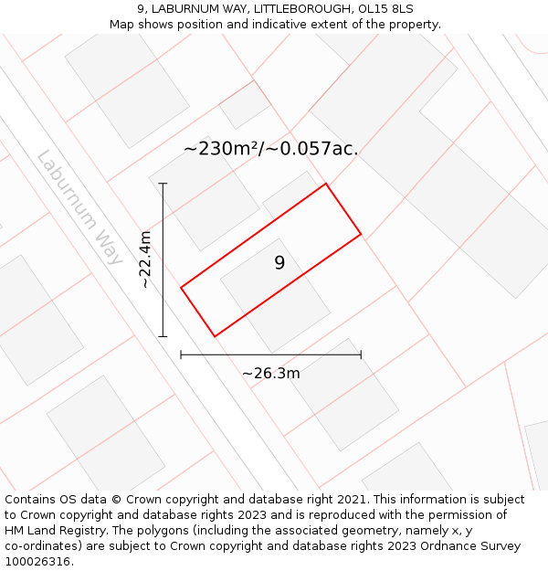 9, LABURNUM WAY, LITTLEBOROUGH, OL15 8LS: Plot and title map