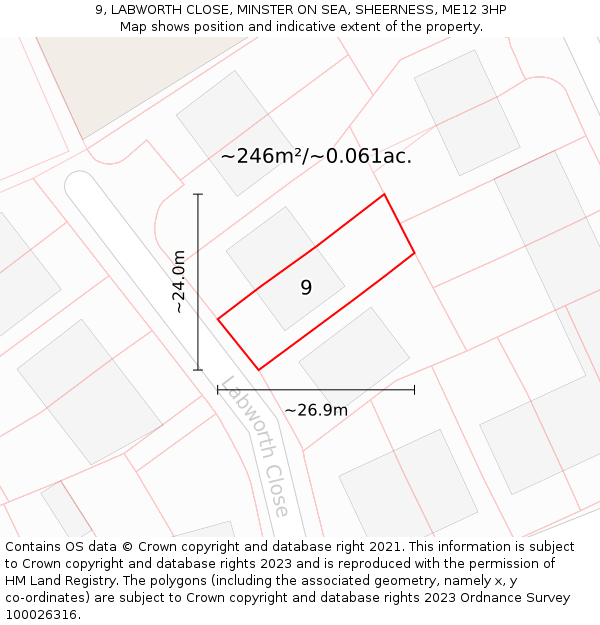 9, LABWORTH CLOSE, MINSTER ON SEA, SHEERNESS, ME12 3HP: Plot and title map