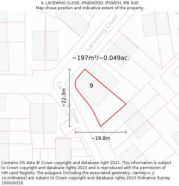 9, LACEWING CLOSE, PINEWOOD, IPSWICH, IP8 3UD: Plot and title map