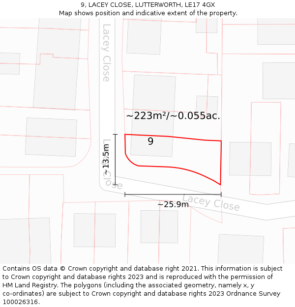 9, LACEY CLOSE, LUTTERWORTH, LE17 4GX: Plot and title map
