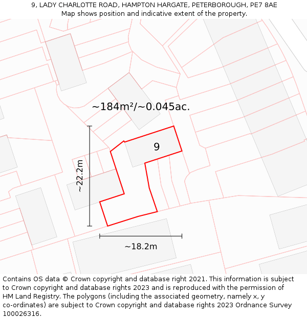 9, LADY CHARLOTTE ROAD, HAMPTON HARGATE, PETERBOROUGH, PE7 8AE: Plot and title map