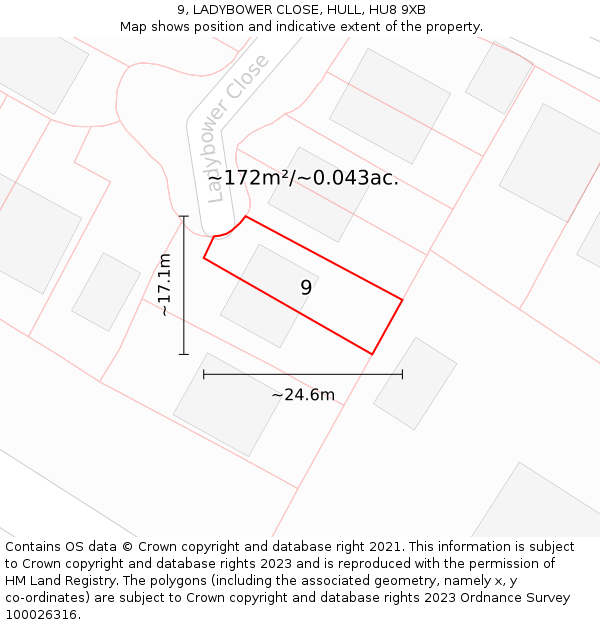 9, LADYBOWER CLOSE, HULL, HU8 9XB: Plot and title map
