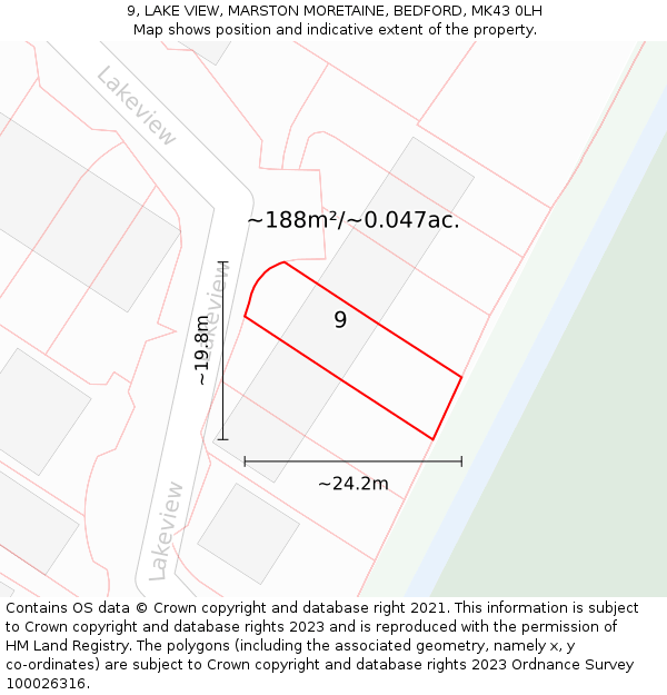 9, LAKE VIEW, MARSTON MORETAINE, BEDFORD, MK43 0LH: Plot and title map
