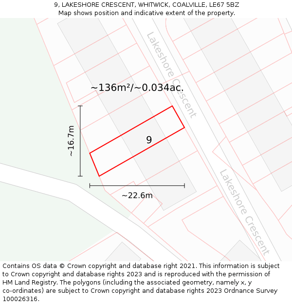 9, LAKESHORE CRESCENT, WHITWICK, COALVILLE, LE67 5BZ: Plot and title map