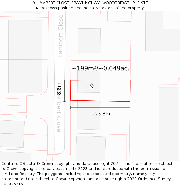 9, LAMBERT CLOSE, FRAMLINGHAM, WOODBRIDGE, IP13 9TE: Plot and title map