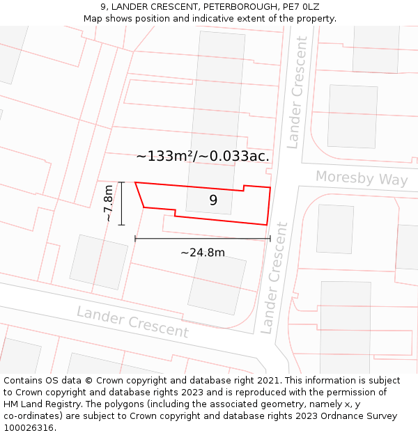 9, LANDER CRESCENT, PETERBOROUGH, PE7 0LZ: Plot and title map