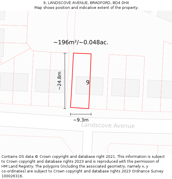 9, LANDSCOVE AVENUE, BRADFORD, BD4 0HX: Plot and title map