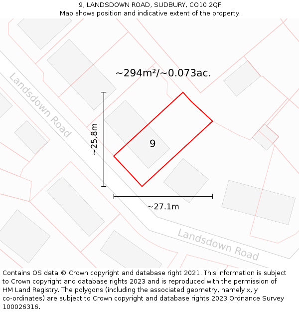 9, LANDSDOWN ROAD, SUDBURY, CO10 2QF: Plot and title map