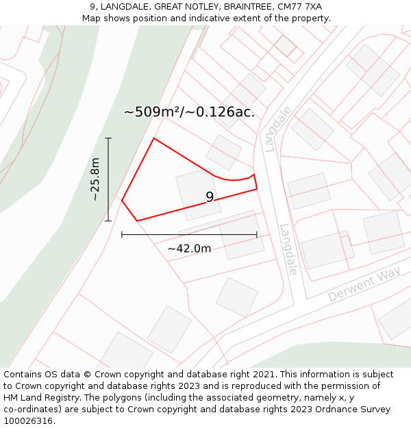 9, LANGDALE, GREAT NOTLEY, BRAINTREE, CM77 7XA: Plot and title map