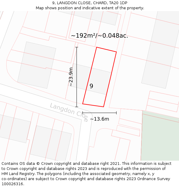 9, LANGDON CLOSE, CHARD, TA20 1DP: Plot and title map