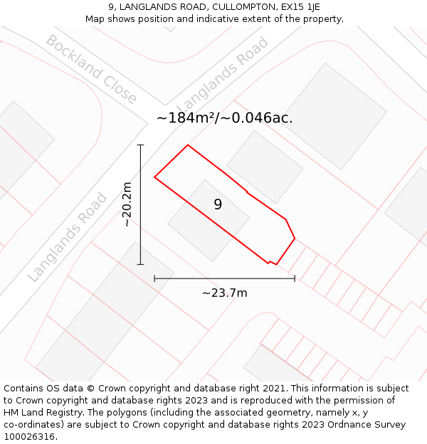 9, LANGLANDS ROAD, CULLOMPTON, EX15 1JE: Plot and title map