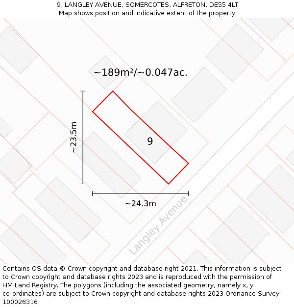 9, LANGLEY AVENUE, SOMERCOTES, ALFRETON, DE55 4LT: Plot and title map