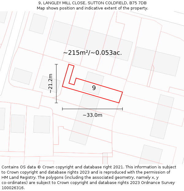 9, LANGLEY MILL CLOSE, SUTTON COLDFIELD, B75 7DB: Plot and title map