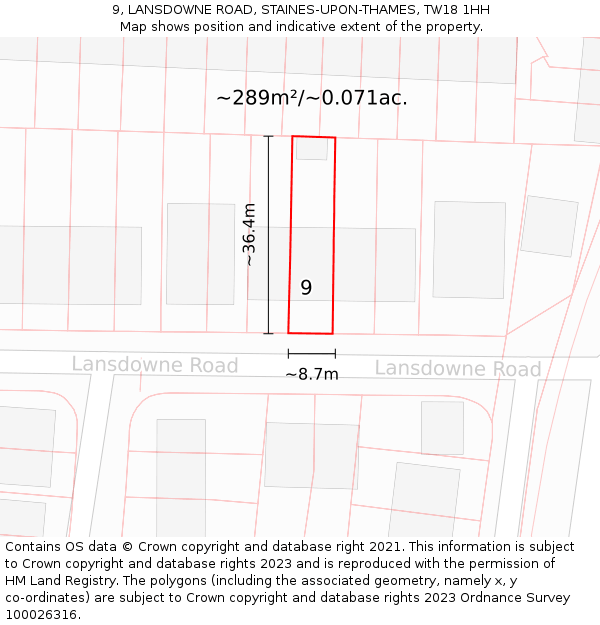 9, LANSDOWNE ROAD, STAINES-UPON-THAMES, TW18 1HH: Plot and title map
