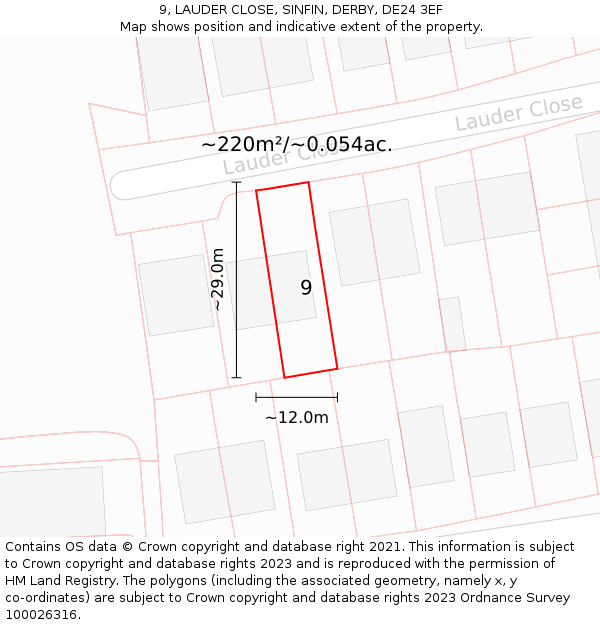 9, LAUDER CLOSE, SINFIN, DERBY, DE24 3EF: Plot and title map