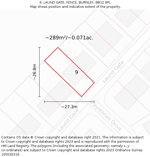 9, LAUND GATE, FENCE, BURNLEY, BB12 9PL: Plot and title map