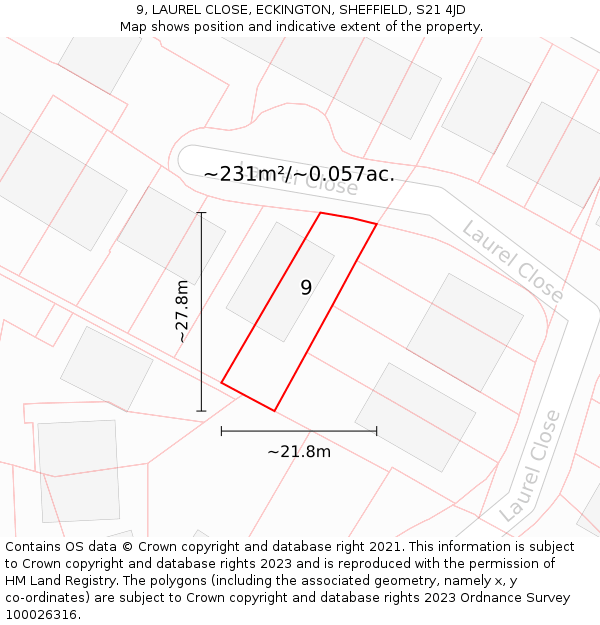 9, LAUREL CLOSE, ECKINGTON, SHEFFIELD, S21 4JD: Plot and title map