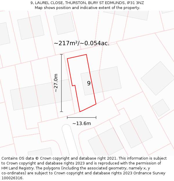 9, LAUREL CLOSE, THURSTON, BURY ST EDMUNDS, IP31 3NZ: Plot and title map