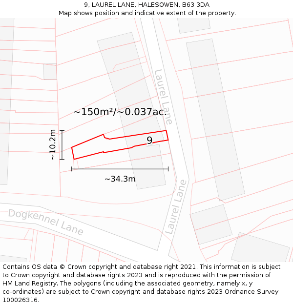 9, LAUREL LANE, HALESOWEN, B63 3DA: Plot and title map