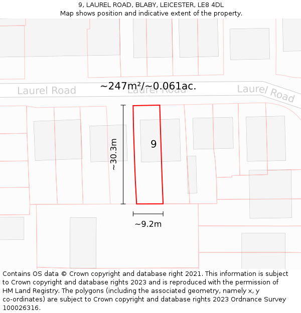9, LAUREL ROAD, BLABY, LEICESTER, LE8 4DL: Plot and title map